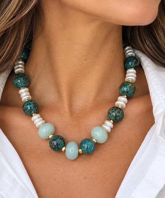 The Maren Necklace | Blue Green Gemstone & Freshwater Pearl Statement Necklace | Handmade Coastal Jewelry